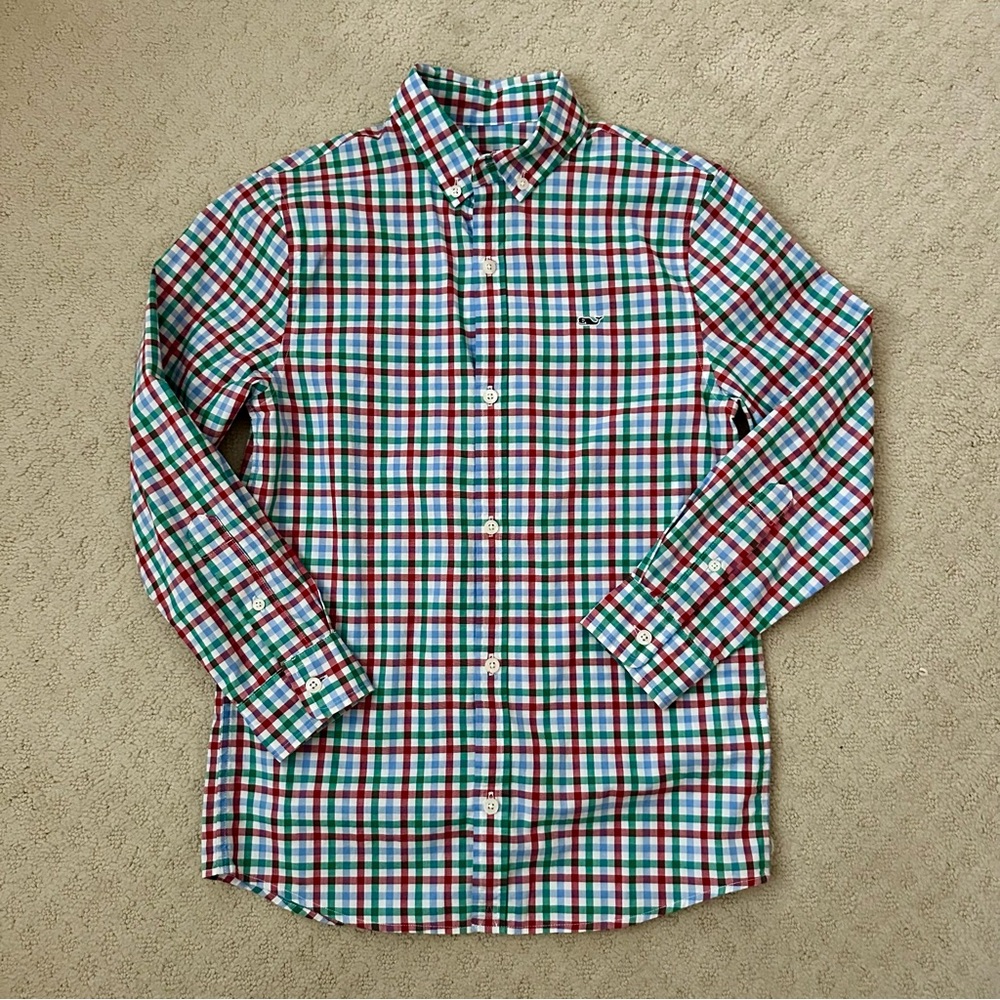 Boys Vineyard Vines Plaid Shirt Size Medium Red, Blue, Green